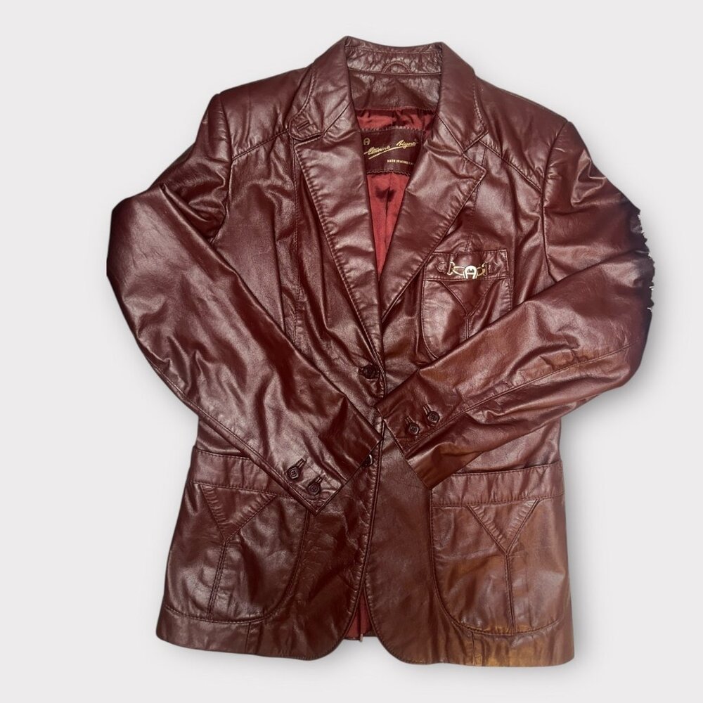 VTG Etienne Aigner Blazer Women M-L Oxblood Leather Notch Collar Jacket 1980s - Picture 8 of 12